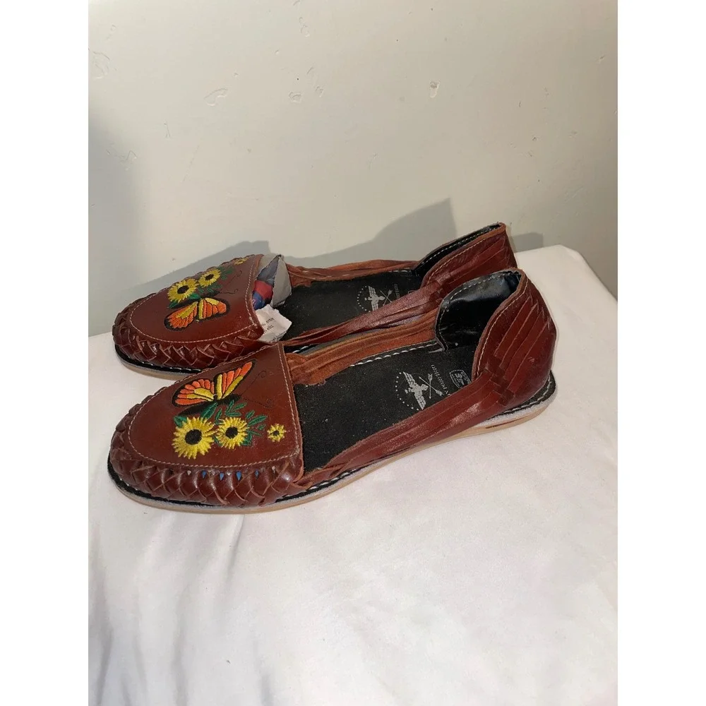 Don Porfirio Brown Leather Butterfly Sunflower Embroidered Huarache Sandals 10